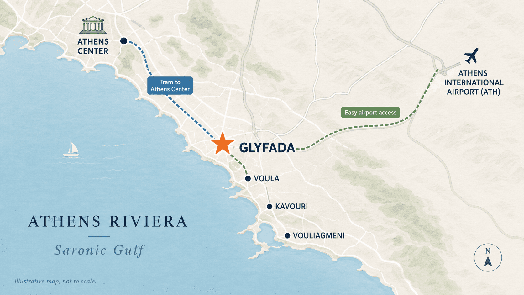 Simple Athens Riviera map showing Glyfada and Athens International Airport