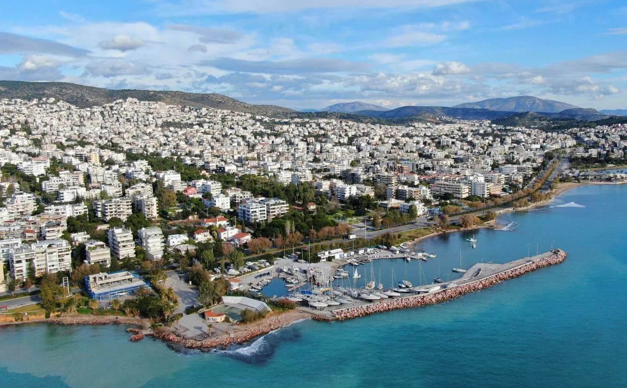 Aerial view of Glyfada town on the Athens Riviera, between the hills and the Saronic Gulf